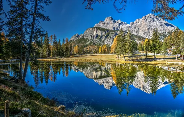 Осень, деревья, горы, озеро, отражение, Италия, Italy, Доломитовые Альпы