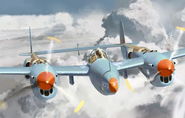 Рисунок, арт, Lightning, Lockheed, ВВС США, P-38, американский тяжёлый истребитель, разведывательный самолёт