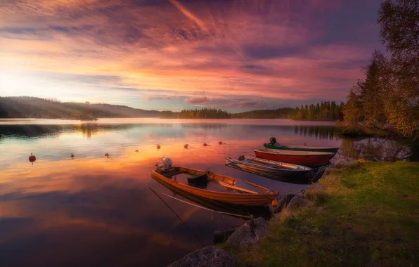 Картинка пейзаж, закат, природа, озеро, лодки, вечер, Норвегия, леса