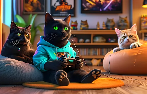 Коты, джостик, черный кот, рыжий кот, геймеры