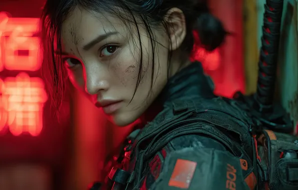 Девушка, лицо, катана, katana, cyberpunk, women, face, looking at viewer