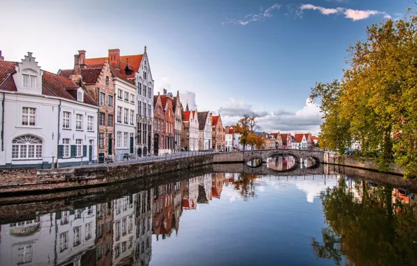 Картинка осень, вода, деревья, мост, город, дома, Бельгия, Belgium