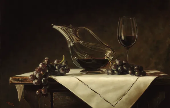 Стол, вино, рисунок, картина, виноград, натюрморт, репродукция, скатерть