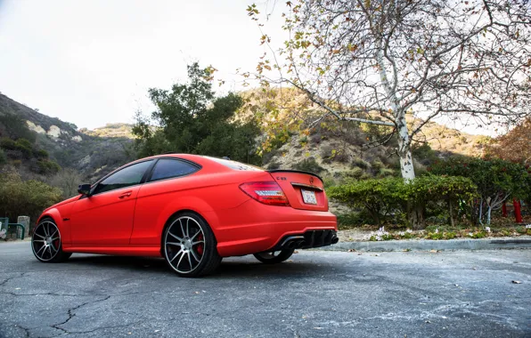 Картинка red, Mercedes Benz, AMG, C63, rearside