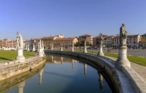 Картинка площадь, Италия, канал, скульптура, мостик, Прато-делла-Валле, Падуя