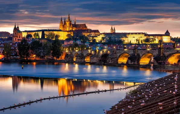 Мост, город, река, здания, вечер, Прага, Чехия, архитектура