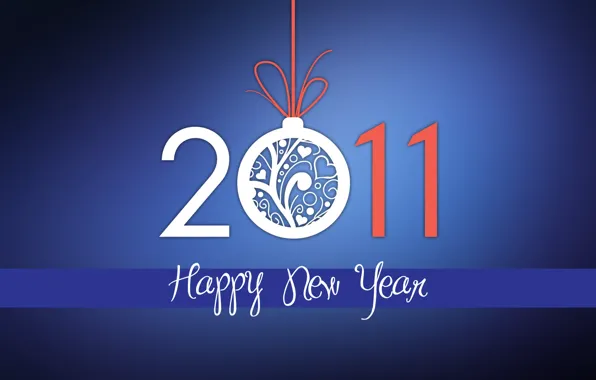 Картинка праздник, новый год, шар, цифры, лента, 2011, синий фон, дата