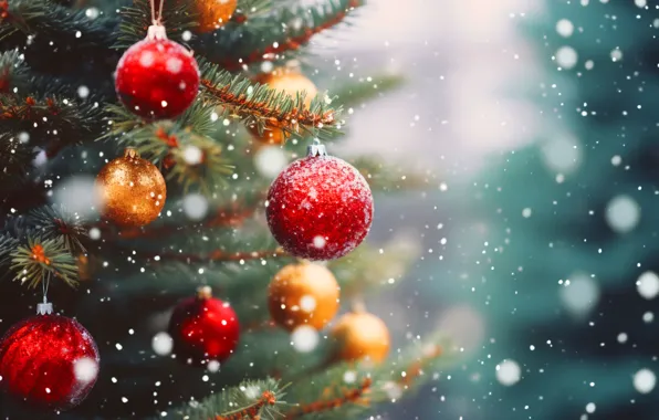 Картинка украшения, снежинки, фон, шары, елка, Новый Год, Рождество, red
