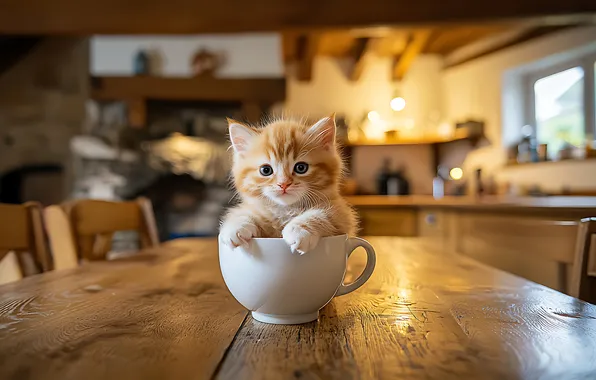 Кошка, взгляд, свет, поза, котенок, стол, лапки, малыш