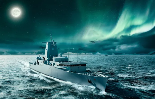 Картинка Море, Ночь, Корабль, Северное сияние, ВМС Германии, Bundeswehr, German Navy, NVL Group