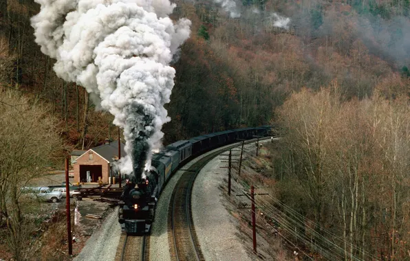 Картинка осень, горы, дым, поезд