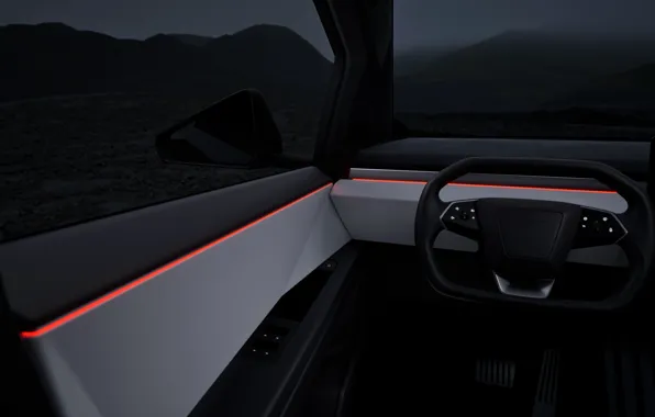 Картинка Tesla, steering wheel, car interior, 2023, Tesla Cybertruck, Cybertruck