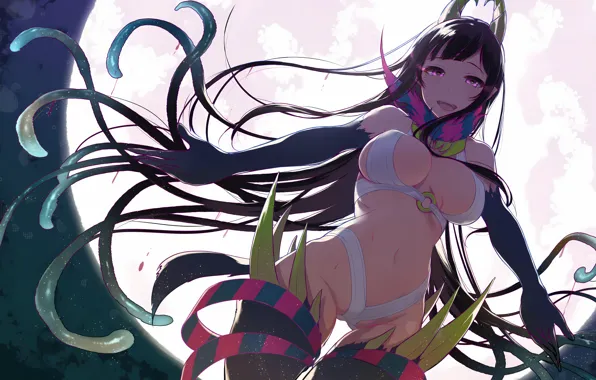 Girl, sexy, cleavage, thighhighs, horns, long hair, boobs, anime