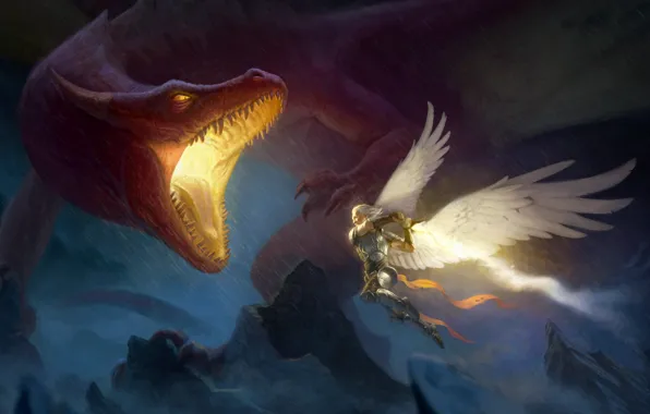 Картинка скалы, дракон, крылья, ангел, фэнтези, арт, нападение, мужчина