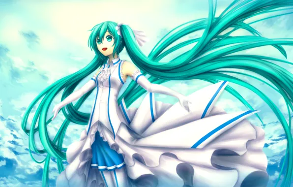 Небо, девушка, облака, волосы, арт, Hatsune Miku, Vocaloid, Вокалоид