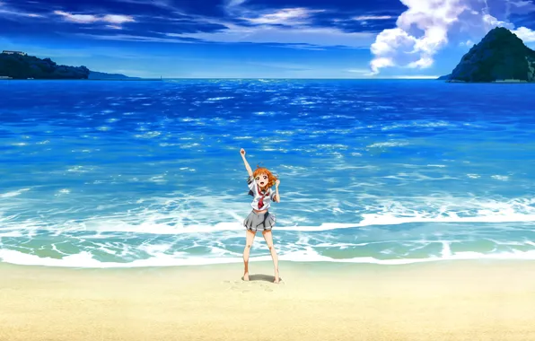 Картинка море, пляж, небо, вода, девушка, облака, радость, аниме