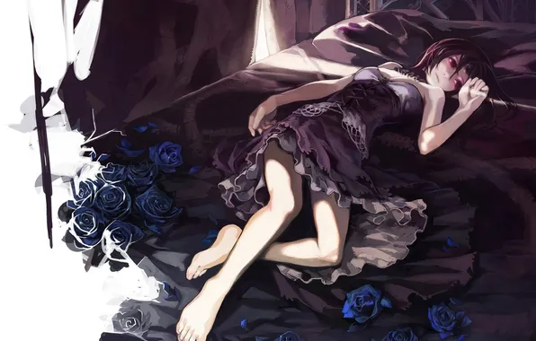 Картинка девушка, цветы, кровать, розы, аниме, лепестки, арт, omegaboost