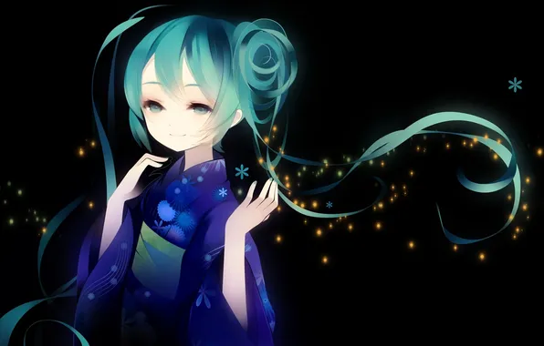 Девушка, арт, кимоно, цветочки, vocaloid, hatsune miku, вокалоид, puti devil