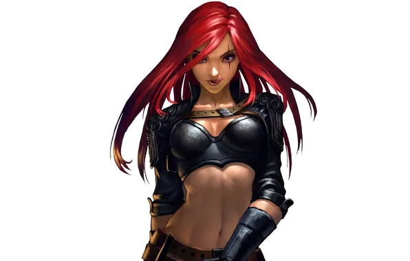 Эротика, взгляд, фон, арт, League of Legends, Katarina, красные волосы, LoL