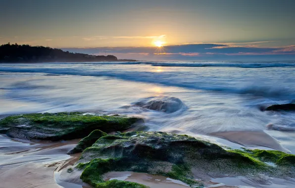 Море, пейзаж, закат, камни