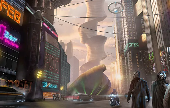 Картинка город, транспорт, улица, сооружение, Cyberpunk downtown