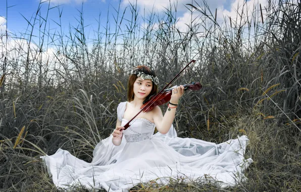 Девушка, музыка, скрипка, азиатка