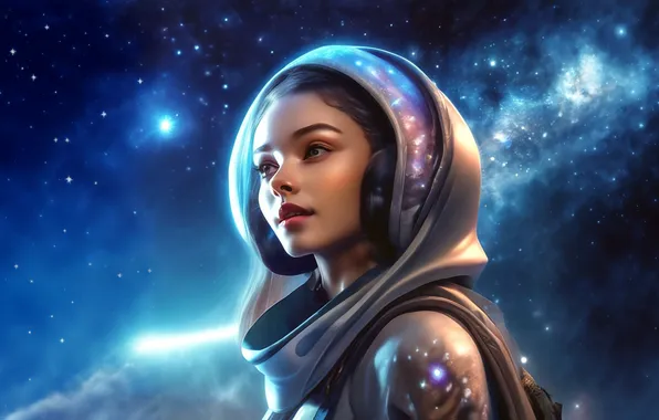 Девушка, космос, звезды, пейзаж, природа, фантастика, вселенная, космонавт
