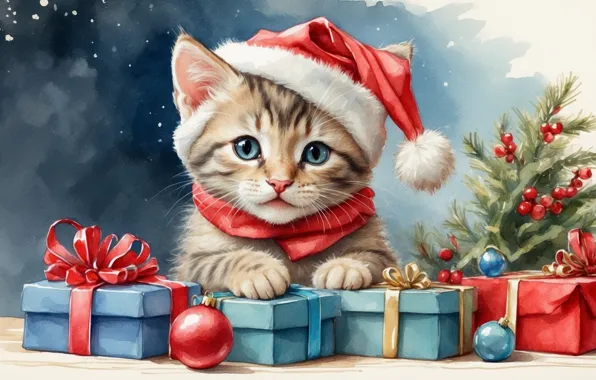 Кошка, взгляд, шарики, ветки, поза, котенок, рисунок, котик