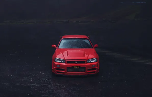 Картинка red, road, rain, skyline, r34, asphalt, Nissan GTR, Nissan GTR R34