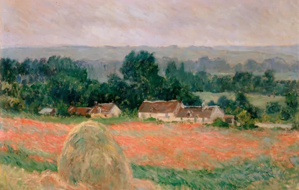 Картинка поле, пейзаж, дома, картина, Клод Моне, Oscar-Claude Monet, Стог Сена в Живерни