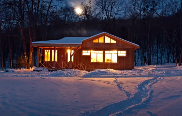Картинка зима, небо, свет, снег, деревья, следы, природа, дом