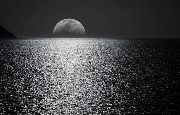 Moon, fluid, sky, style, water, liquid, black and white, atmosphere