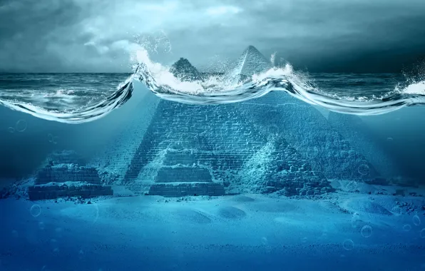 Картинка океан, катастрофа, Апокалипсис, пирамиды, storm, sea, ocean, Egypt, fantastic, tsunami, wave, pyramid, Apocalypse, Armageddon