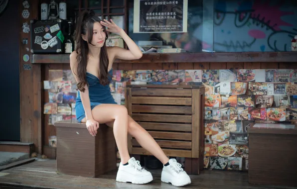 Девушка, поза, декольте, girl, азиатка, жест, asian, тумба