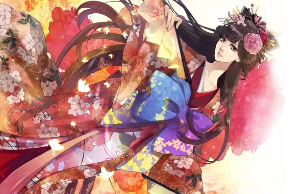 Картинка девушка, бабочки, цветы, веер, арт, кимоно, бант, заколки