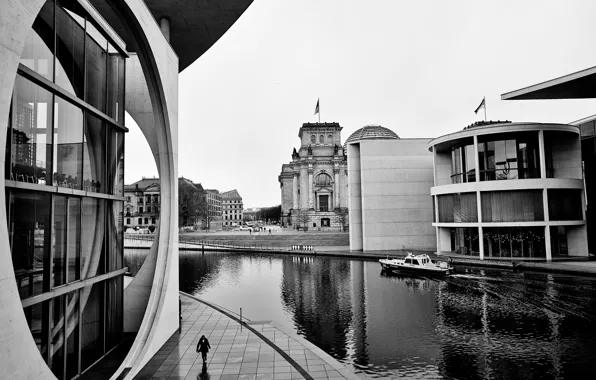 River, Germany, water, black and white, Berlin, buildings, architecture, boat