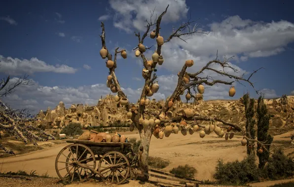 Sky, nature, hills, ancient, Cappadocia, cart, jugs, Kide FotoArt