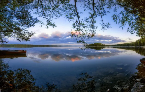 Деревья, озеро, отражение, лодки, Финляндия, Finland, Озеро Кариярви, Kouvola