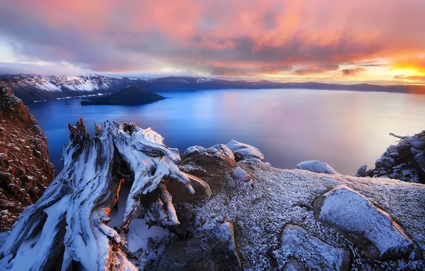 Картинка зима, море, пейзаж, закат, горы, природа, залив