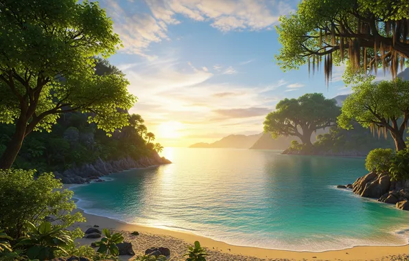 Тропики, обои, берег, арт, wallpaper, coast, art, tropics