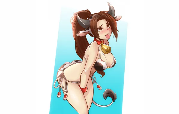 Girl, sexy, cleavage, horns, long hair, brown hair, brown eyes, boobs