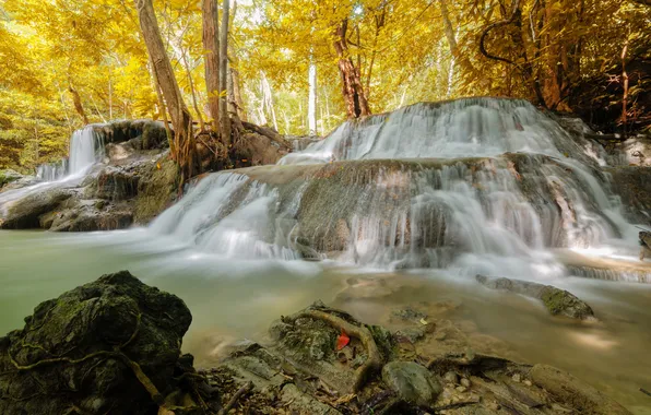 Картинка осень, лес, деревья, природа, Huaymaekamin Водопад