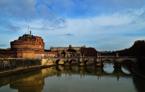 Небо, мост, город, река, фото, Италия, Rome, Tiber