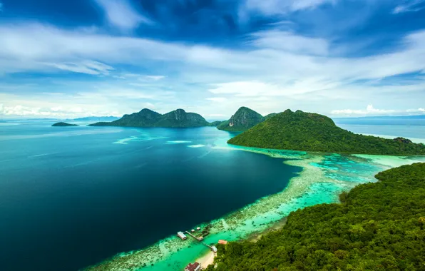 Картинка море, горы, тропики, побережье, остров, Малайзия, Bohey Dulang Island