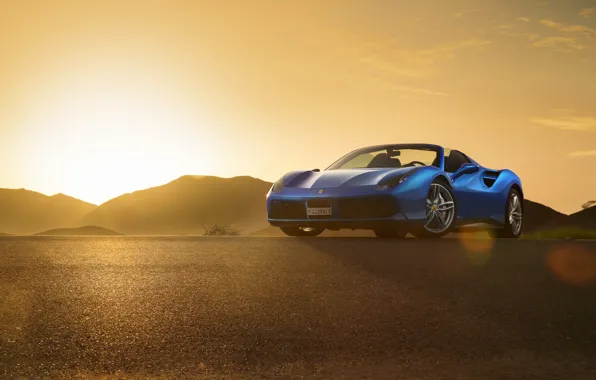 Картинка Ferrari, Blue, Front, Sunset, Spider, Supercar, 488