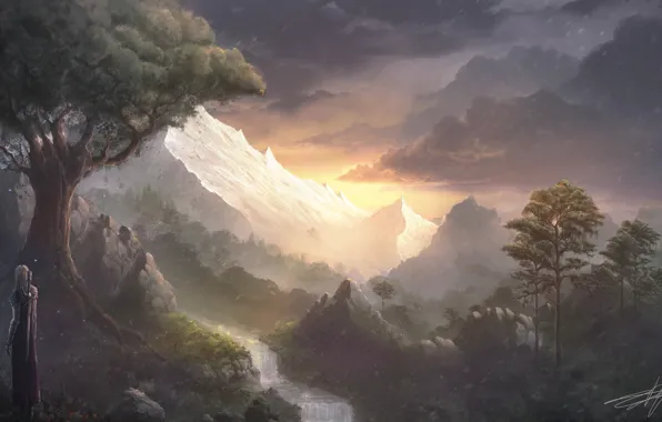 Картинка горы, река, вид, водопад, меч, воин, плащ