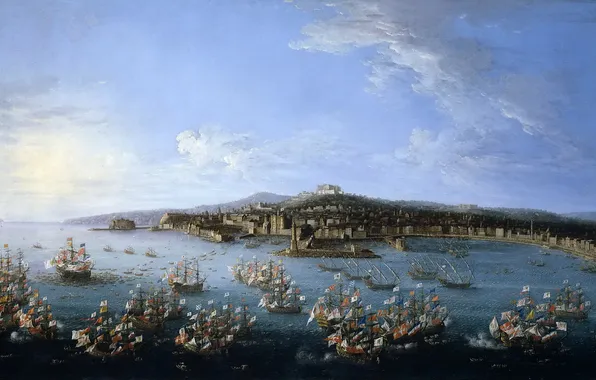 Картинка корабль, картина, морской пейзаж, Антонио Джоли, Вид на Порт Карла де Бурбона с Моря
