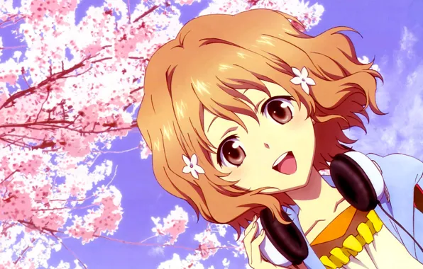 Радость, улыбка, сакура, девочка, headphones, Азбука Цветов, Hana-Saku Iroha, Ohana Matsumae