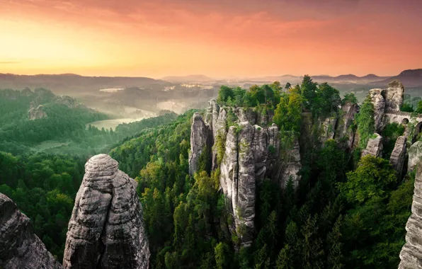 Лес, пейзаж, скалы, панорама, дымка