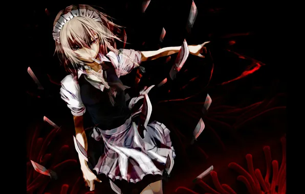 Тьма, кровь, ножи, убийца, touhou, Sakuya Izayoi